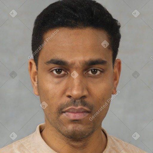 Neutral latino young-adult male with short  black hair and brown eyes