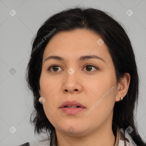 Neutral asian young-adult female with medium  black hair and brown eyes