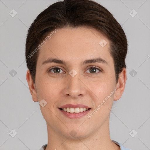 Joyful white young-adult female with short  brown hair and brown eyes