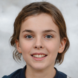 Joyful white child female with medium  brown hair and brown eyes