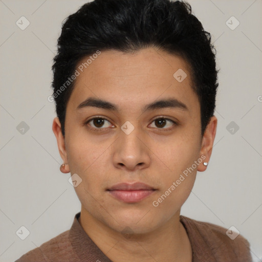 Neutral latino young-adult male with short  black hair and brown eyes