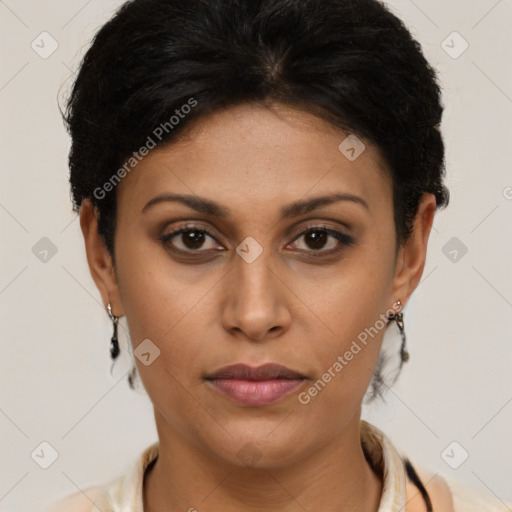 Joyful latino young-adult female with short  brown hair and brown eyes