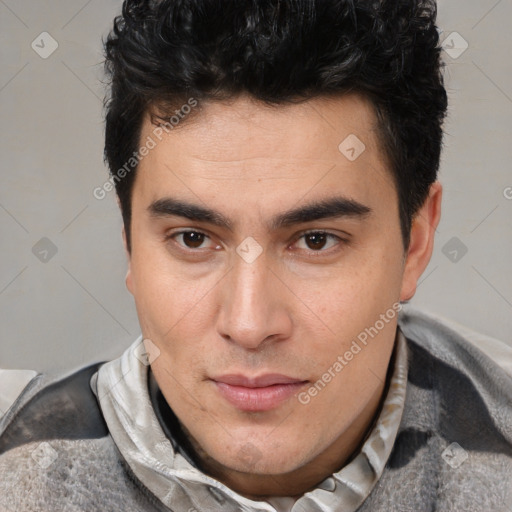 Neutral latino young-adult male with short  brown hair and brown eyes