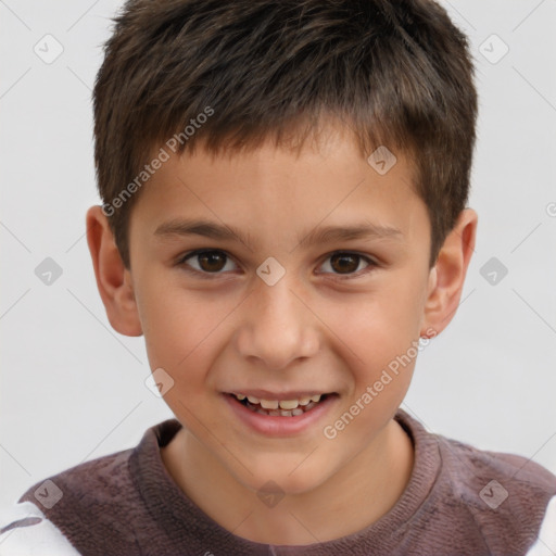 Joyful white child male with short  brown hair and brown eyes