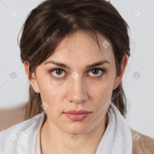 Neutral white young-adult female with medium  brown hair and brown eyes