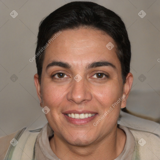 Joyful white adult female with short  brown hair and brown eyes