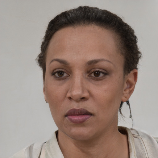 Joyful latino adult female with short  brown hair and brown eyes