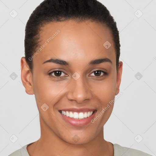 Joyful latino young-adult female with short  brown hair and brown eyes