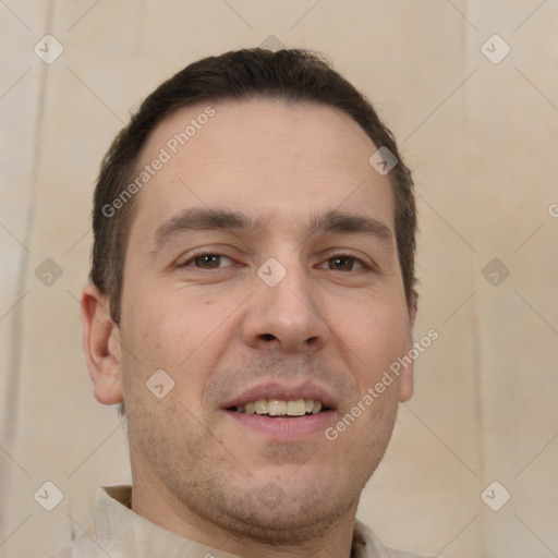 Joyful white adult male with short  brown hair and brown eyes