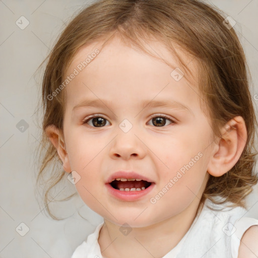 Joyful white child female with medium  brown hair and brown eyes