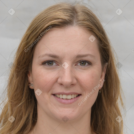 Joyful white young-adult female with long  brown hair and grey eyes