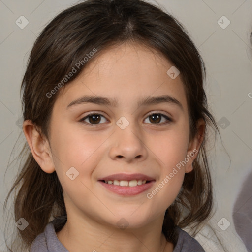 Joyful white child female with medium  brown hair and brown eyes