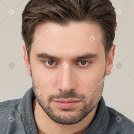 Neutral white young-adult male with short  brown hair and brown eyes