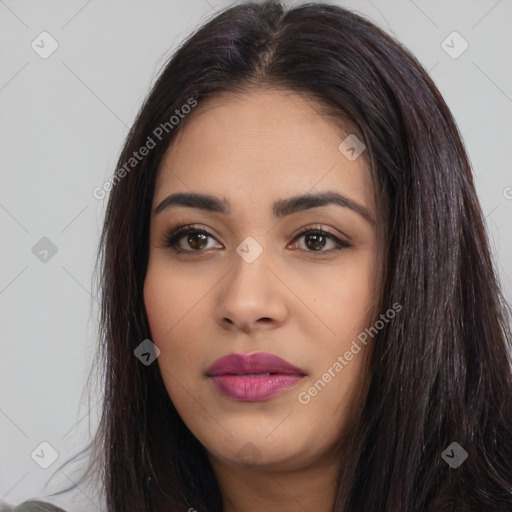 Joyful latino young-adult female with long  brown hair and brown eyes