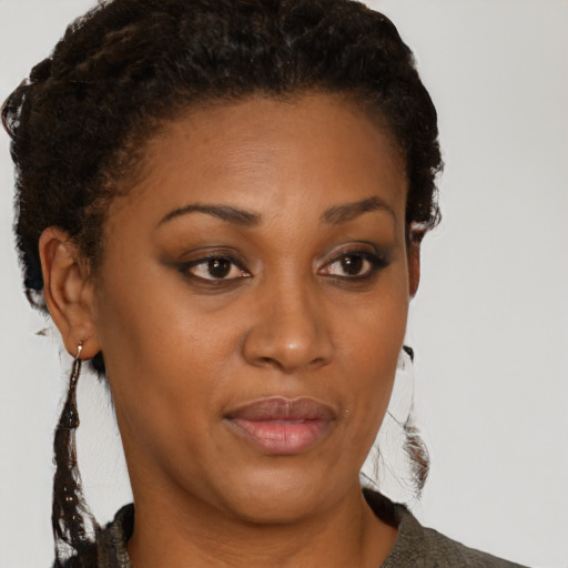Neutral black young-adult female with short  brown hair and brown eyes