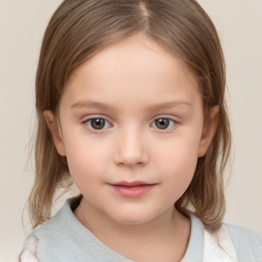 Neutral white child female with medium  brown hair and grey eyes