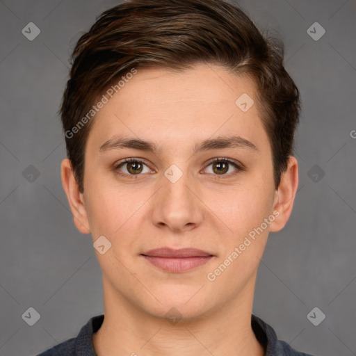 Joyful white young-adult female with short  brown hair and brown eyes