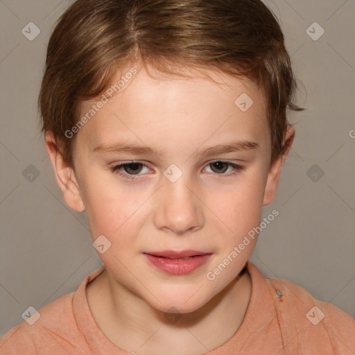 Joyful white child female with short  brown hair and brown eyes