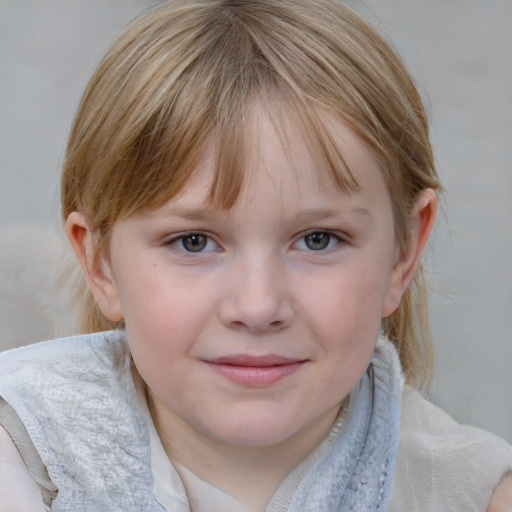 Joyful white child female with medium  brown hair and blue eyes