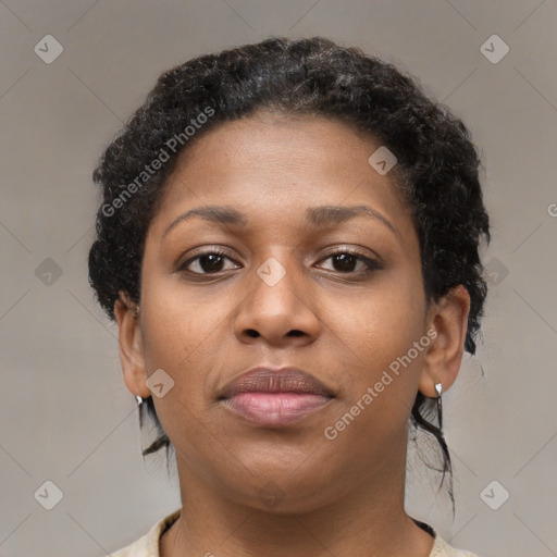 Neutral black young-adult female with short  brown hair and brown eyes