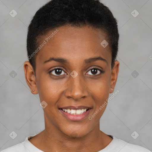 Joyful black young-adult female with short  brown hair and brown eyes