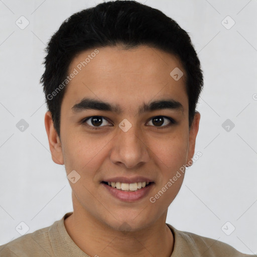 Joyful white young-adult male with short  black hair and brown eyes