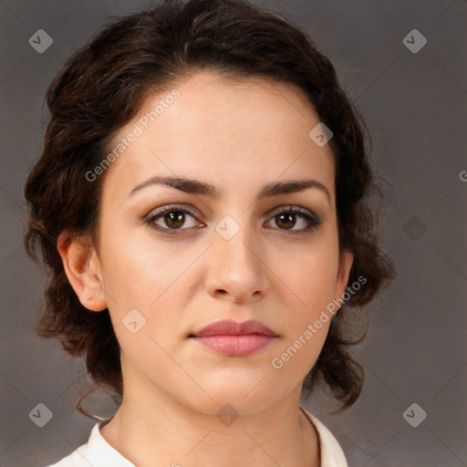 Neutral white young-adult female with medium  brown hair and brown eyes