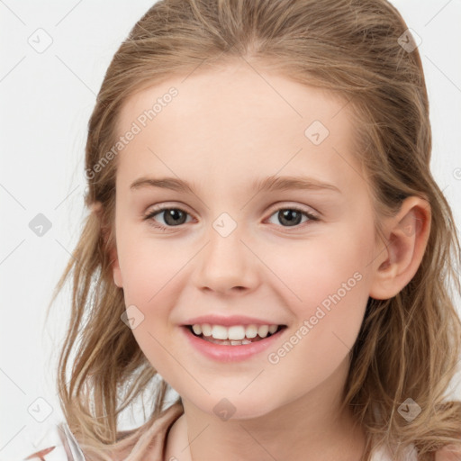 Joyful white child female with medium  brown hair and grey eyes