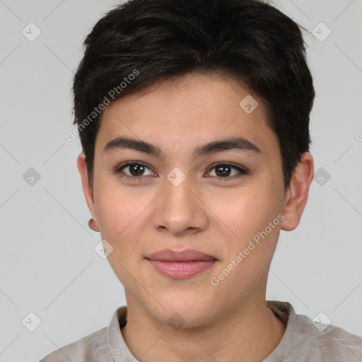 Joyful asian young-adult female with short  brown hair and brown eyes