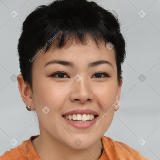 Joyful asian young-adult female with short  brown hair and brown eyes