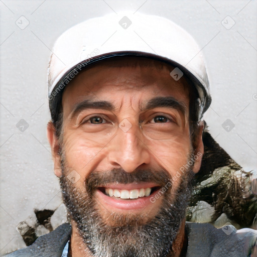 Joyful white adult male with short  black hair and brown eyes