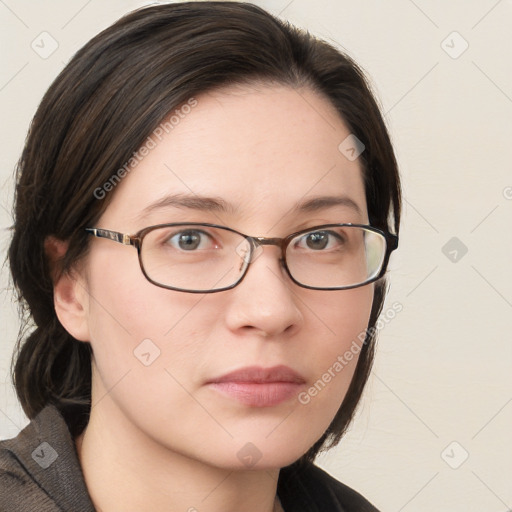 Neutral white young-adult female with medium  brown hair and grey eyes