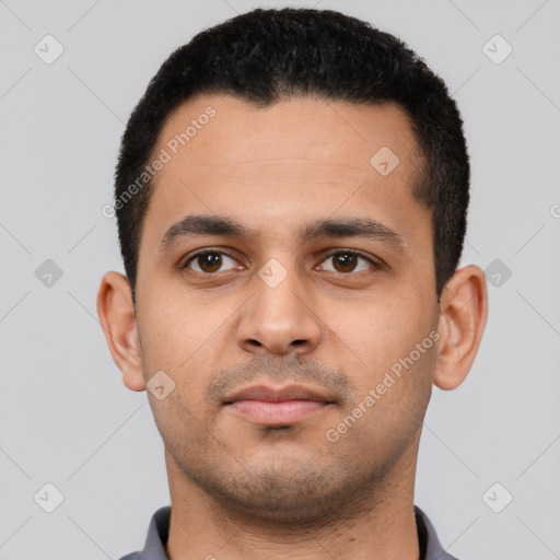 Neutral latino young-adult male with short  black hair and brown eyes