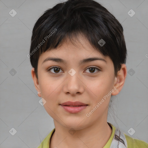 Joyful white young-adult female with short  brown hair and brown eyes