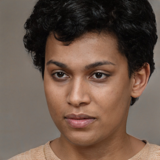 Neutral latino young-adult female with short  black hair and brown eyes