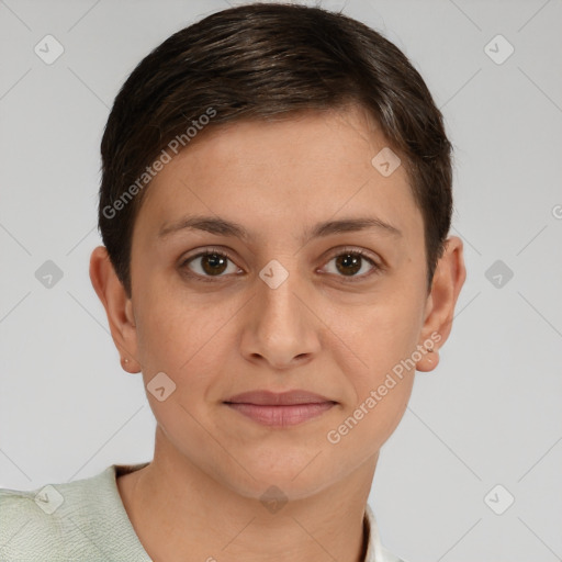 Joyful white young-adult female with short  brown hair and brown eyes