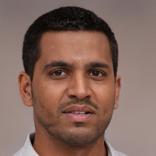 Neutral black young-adult male with short  brown hair and brown eyes