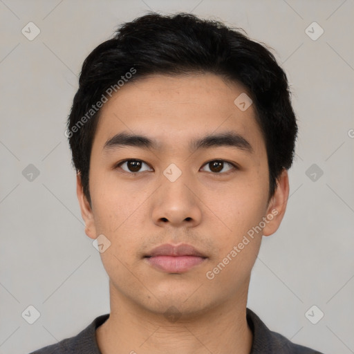 Neutral asian young-adult male with short  black hair and brown eyes