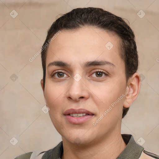 Joyful white young-adult female with short  brown hair and brown eyes