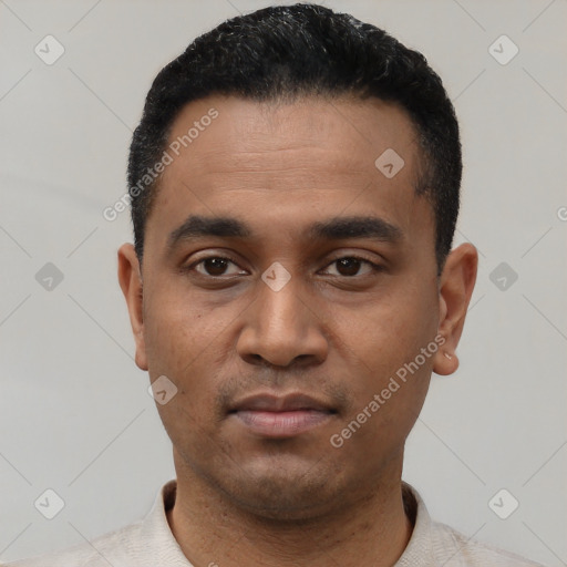 Neutral latino young-adult male with short  black hair and brown eyes