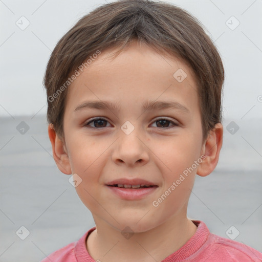 Joyful white child female with short  brown hair and brown eyes