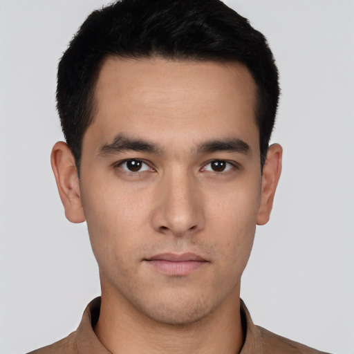 Neutral white young-adult male with short  black hair and brown eyes