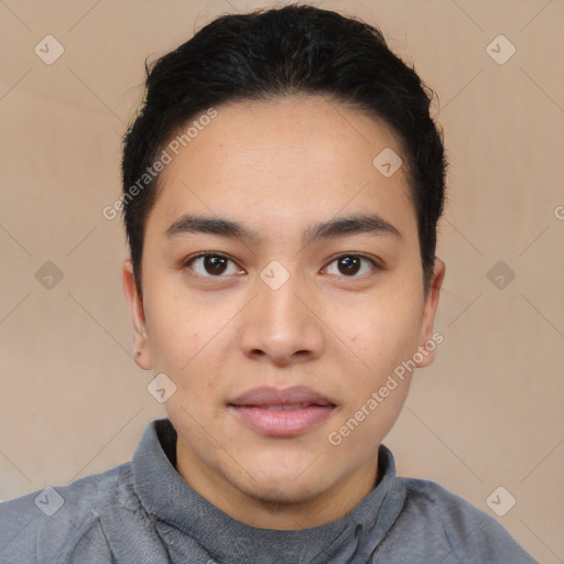 Neutral asian young-adult male with short  black hair and brown eyes