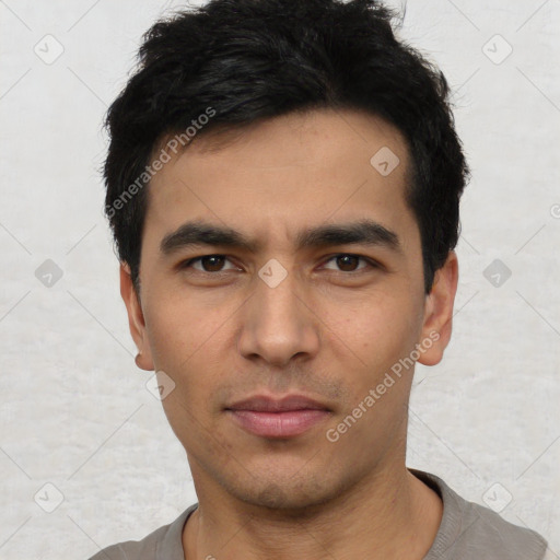 Neutral asian young-adult male with short  black hair and brown eyes