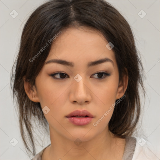 Neutral asian young-adult female with medium  brown hair and brown eyes