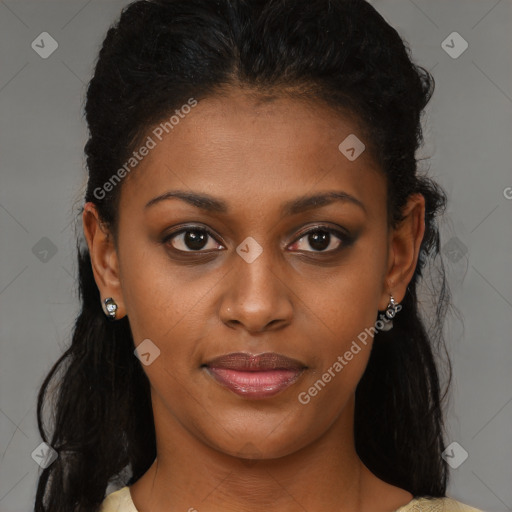 Joyful black young-adult female with medium  brown hair and brown eyes