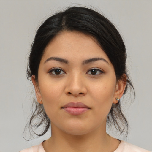 Neutral latino young-adult female with medium  black hair and brown eyes
