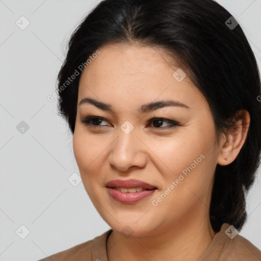 Joyful white young-adult female with medium  brown hair and brown eyes