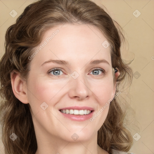 Joyful white young-adult female with medium  brown hair and blue eyes