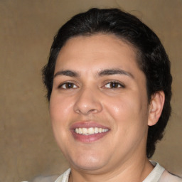 Joyful white young-adult male with medium  brown hair and brown eyes